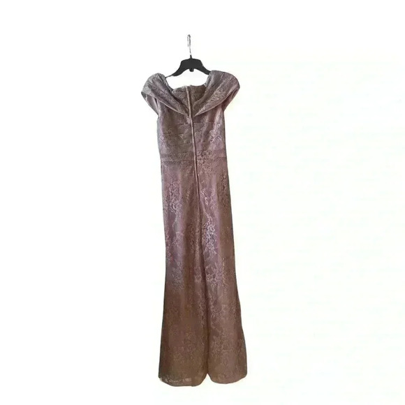 NEW La Femme Lace Overlay rhinestone off shoulder cap sleeve cocoa dress gown 2 - Picture 6 of 12